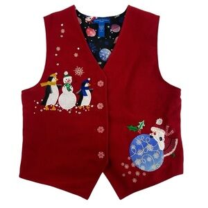 Vintage Karen Scott Women’s Christmas Embellished Snowmen Button Front Vest SZ M